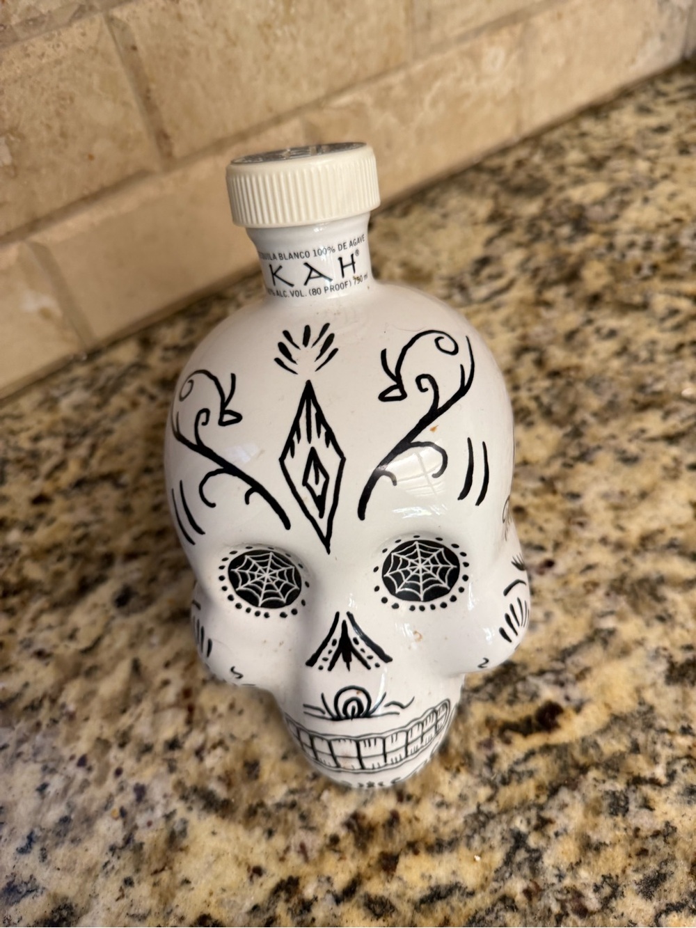 KAH Tequila Skull Bottle - White with Black Day of the Dead Design